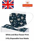 Blue and White Flower Print Disposable Face Masks 3 Ply Surgical Medical Covers