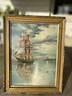 BEAUTIFUL Old Painting SEASCAPE Galleon CLIPPER SHIP Vintage Antique ORIGINAL